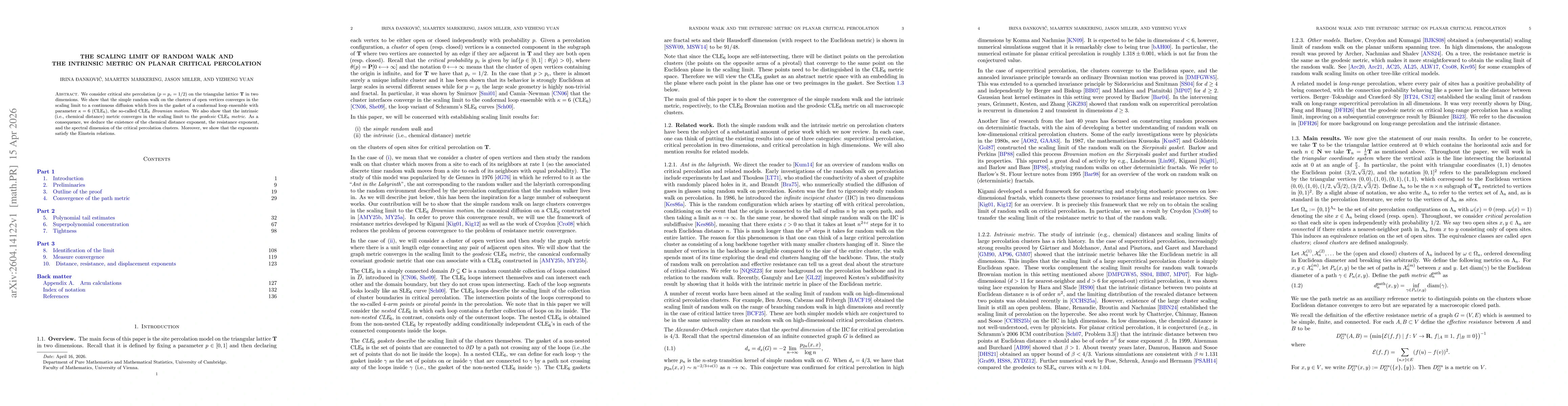 Thumbnail for The scaling limit of random walk and the intrinsic metric on planar critical percolation
