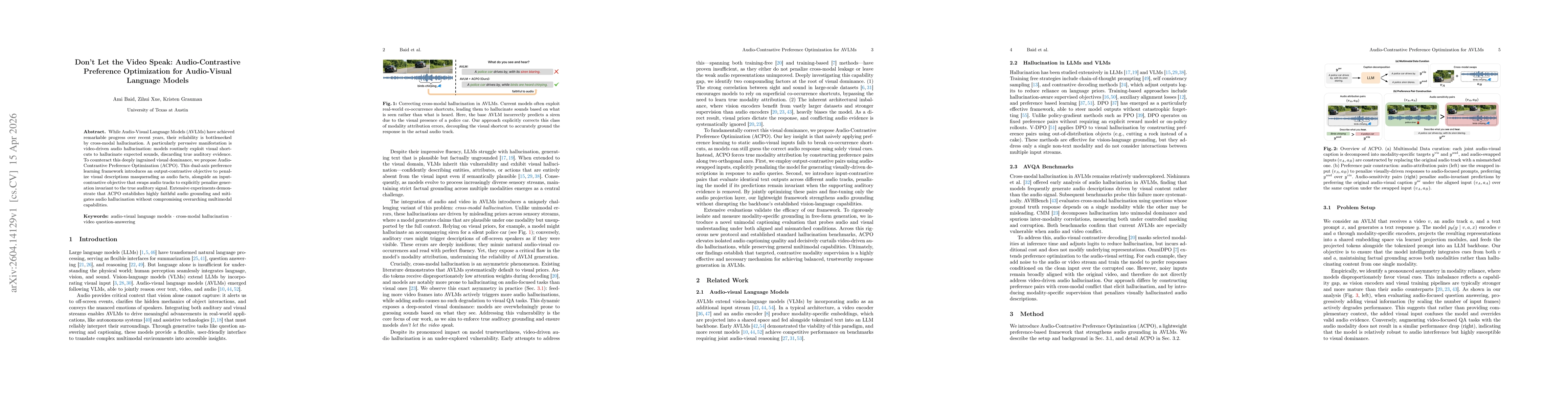 Thumbnail for Don't Let the Video Speak: Audio-Contrastive Preference Optimization for Audio-Visual Language Models