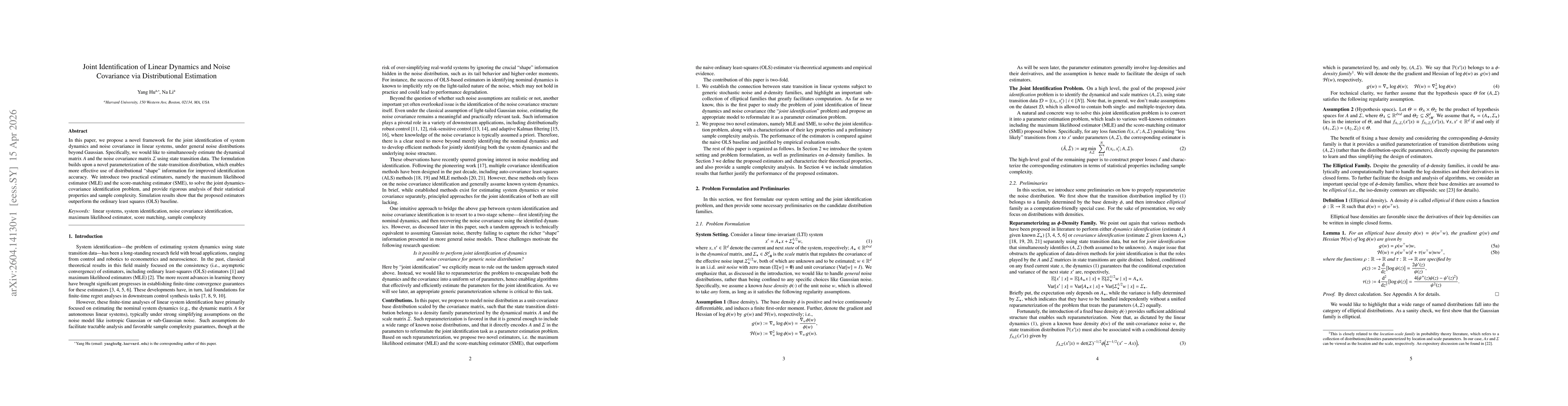 Thumbnail for Joint Identification of Linear Dynamics and Noise Covariance via Distributional Estimation