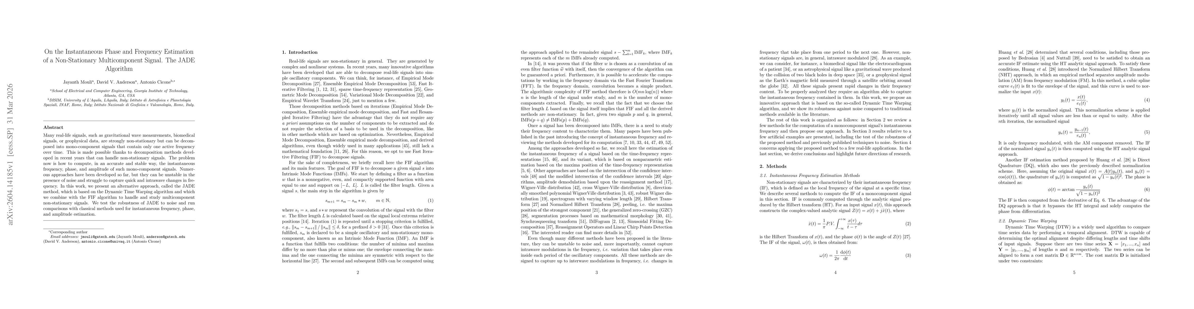 Thumbnail for On the Instantaneous Phase and Frequency Estimation of a Non-Stationary Multicomponent Signal. The JADE Algorithm