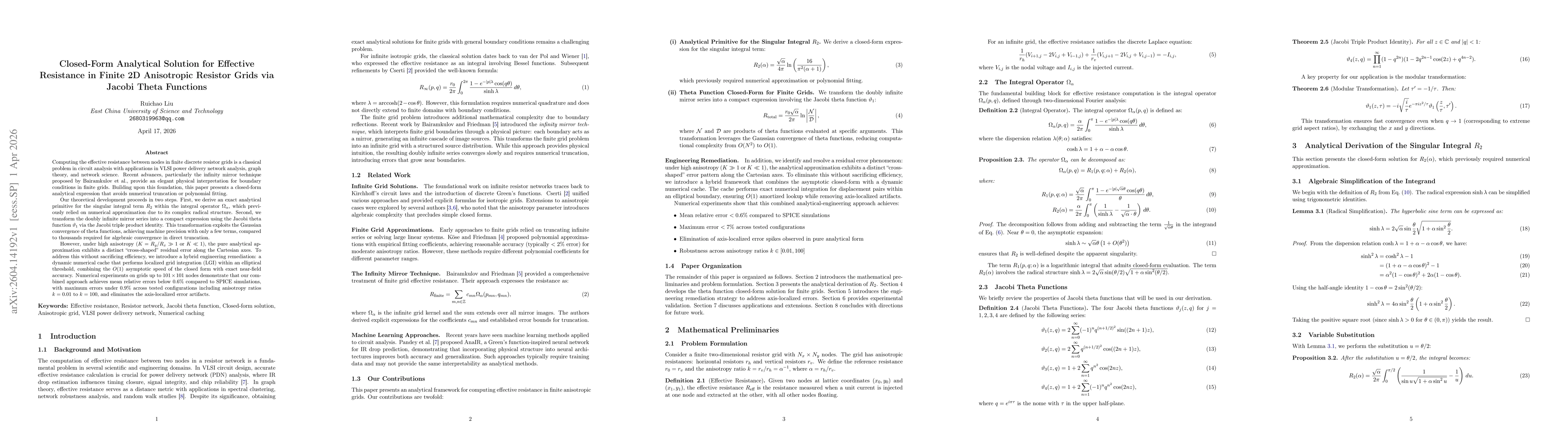Thumbnail for Closed-Form Analytical Solution for Effective Resistance in Finite 2D Anisotropic Resistor Grids via Jacobi Theta Functions