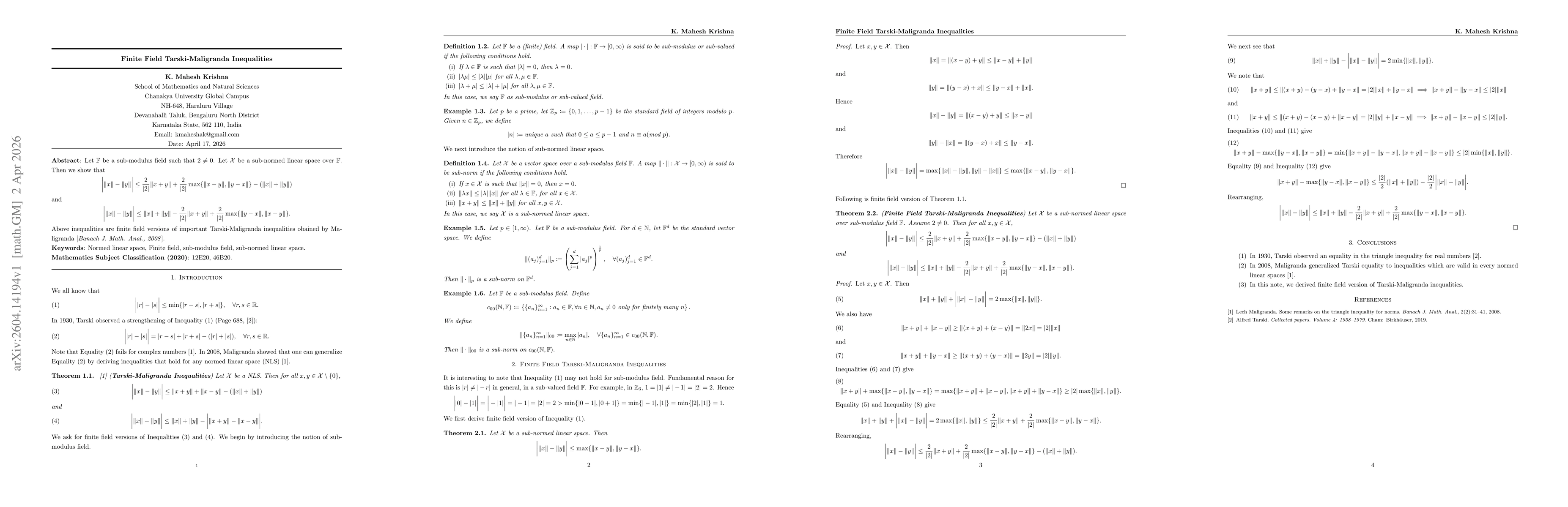 Thumbnail for Finite Field Tarski-Maligranda Inequalities