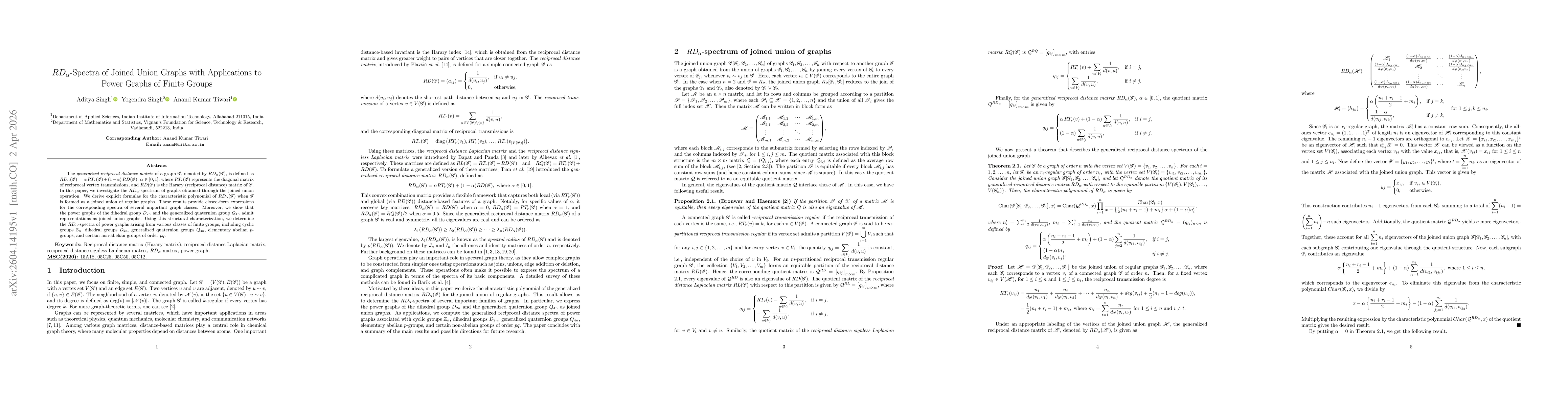 Thumbnail for $RD_α$-Spectra of Joined Union Graphs with Applications to Power Graphs of Finite Groups