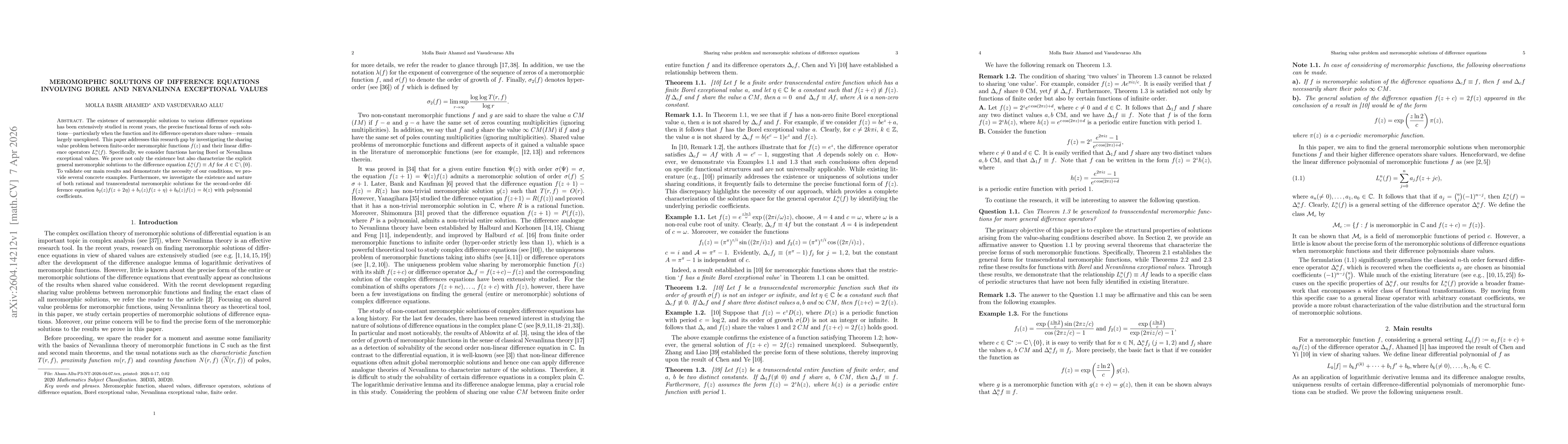 Thumbnail for Meromorphic Solutions of Difference Equations Involving Borel and Nevanlinna Exceptional Values