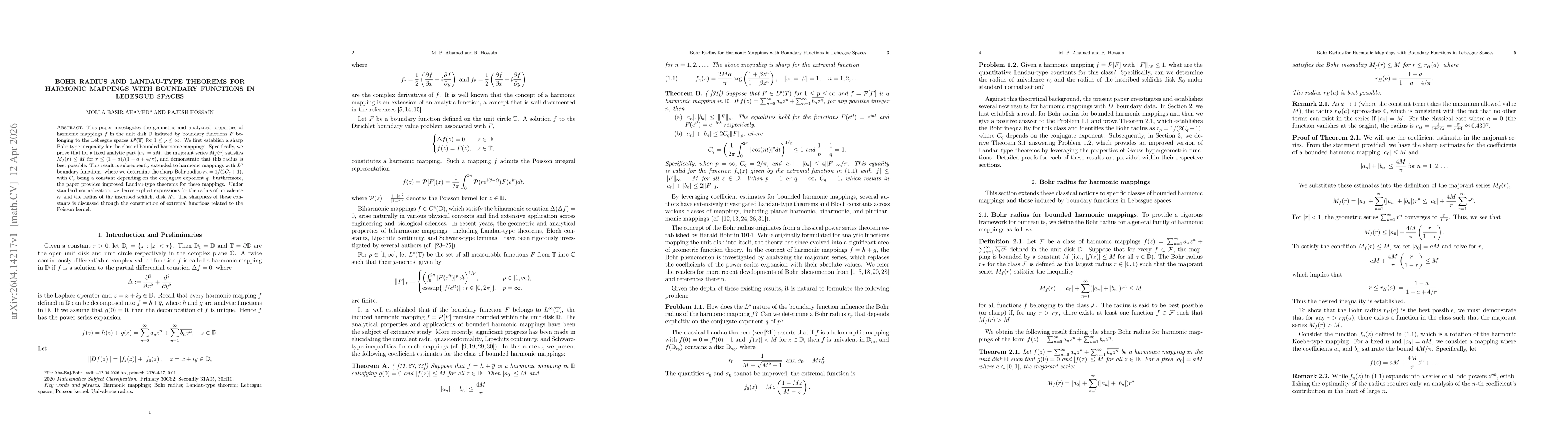 Thumbnail for Bohr Radius and Landau-type Theorems for Harmonic Mappings with Boundary Functions in Lebesgue Spaces