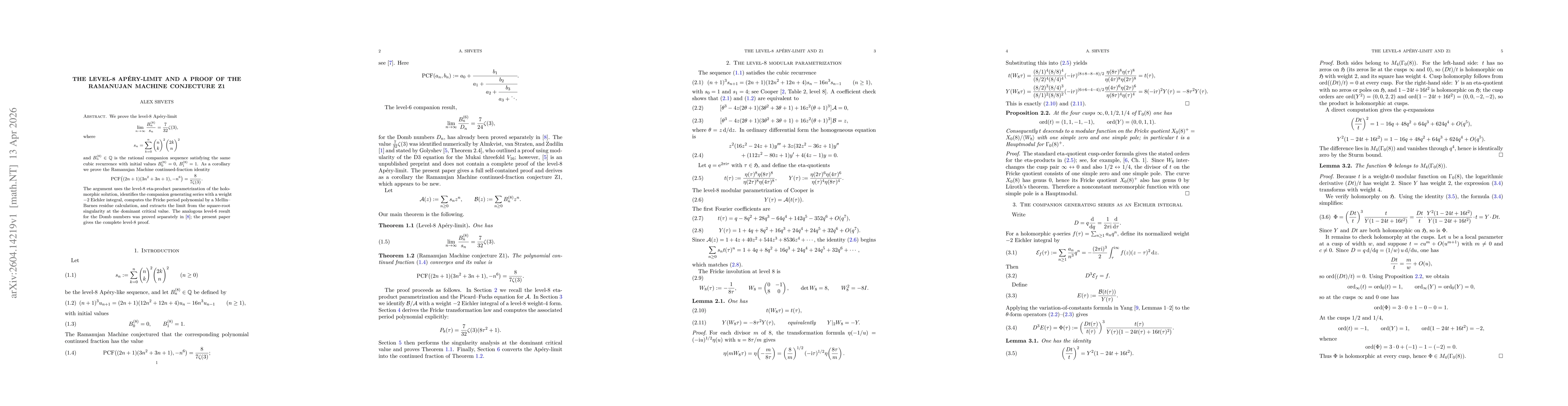 Thumbnail for The level-8 Apery-limit and a proof of the Ramanujan Machine conjecture Z1