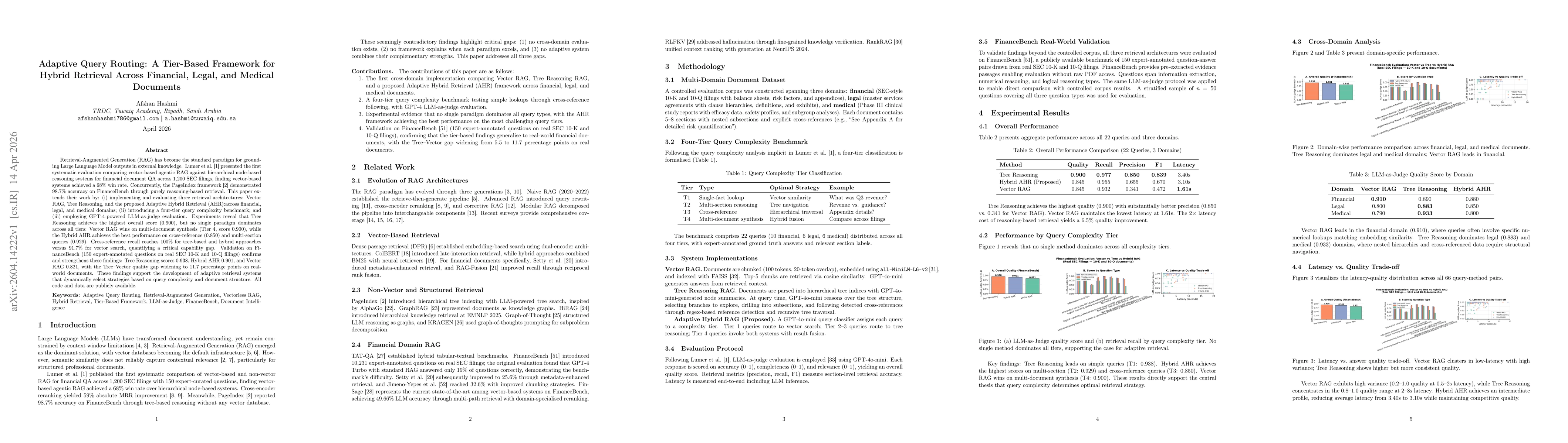 Thumbnail for Adaptive Query Routing: A Tier-Based Framework for Hybrid Retrieval Across Financial, Legal, and Medical Documents