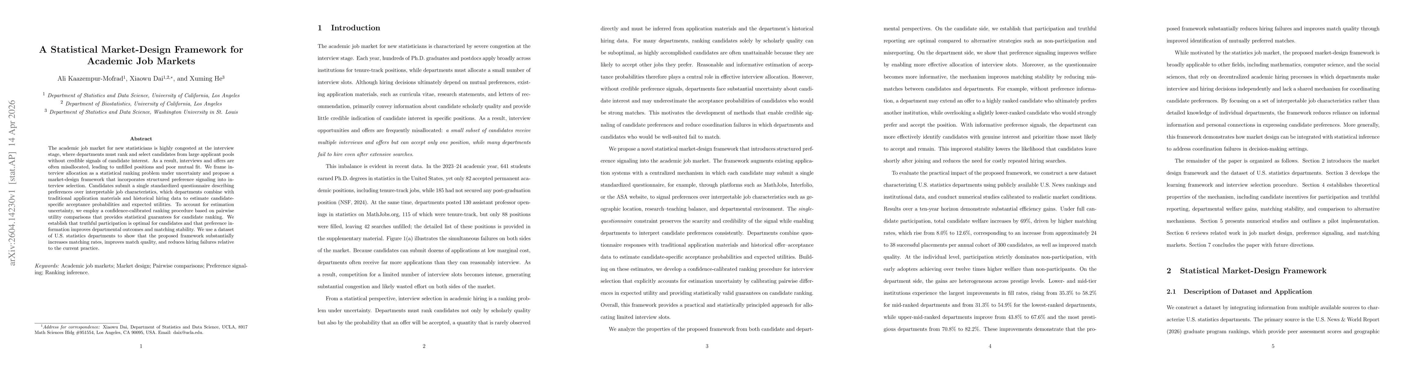Thumbnail for A Statistical Market-Design Framework for Academic Job Markets