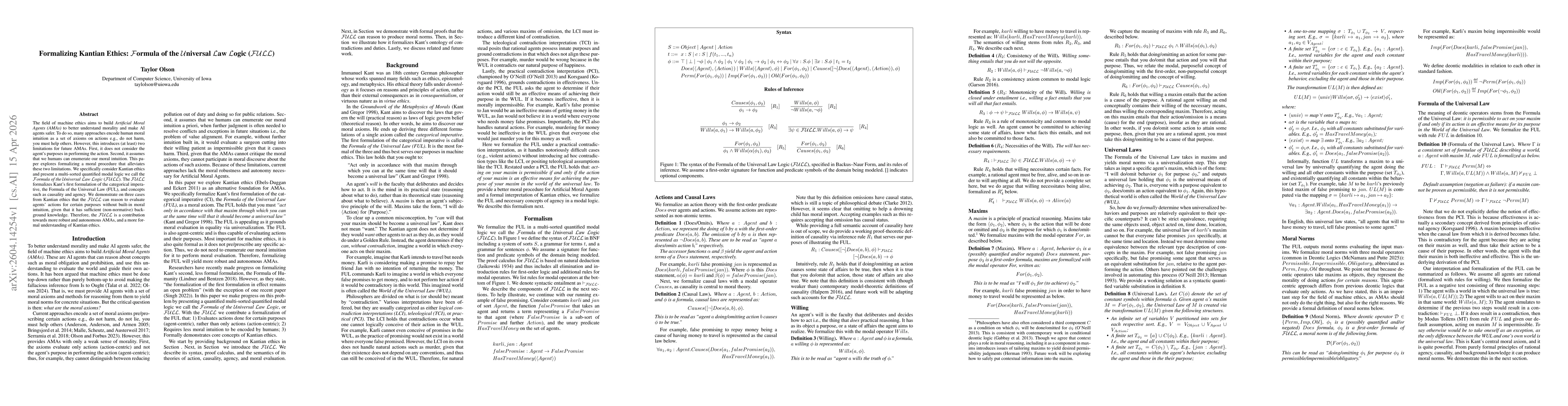 Thumbnail for Formalizing Kantian Ethics: Formula of the Universal Law Logic (FULL)