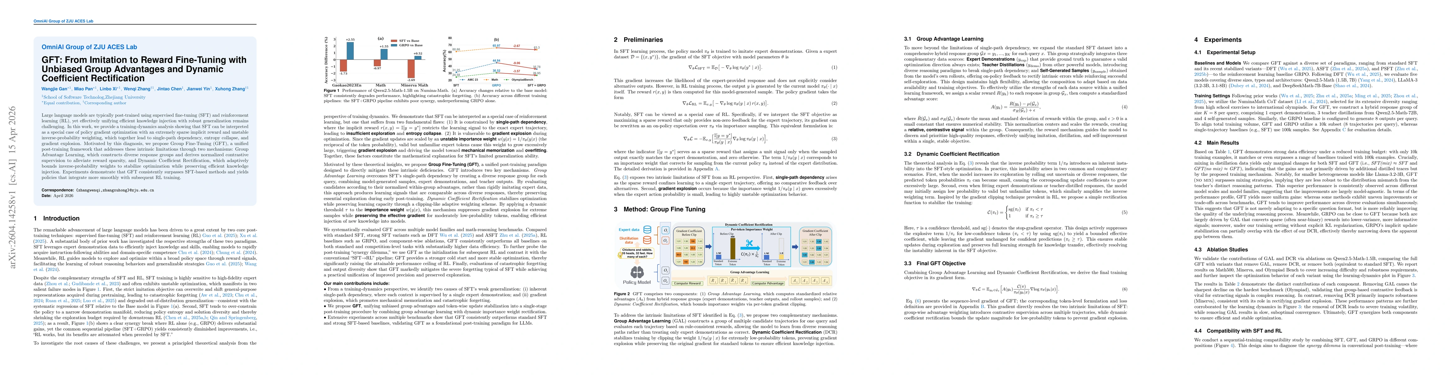 Thumbnail for GFT: From Imitation to Reward Fine-Tuning with Unbiased Group Advantages and Dynamic Coefficient Rectification