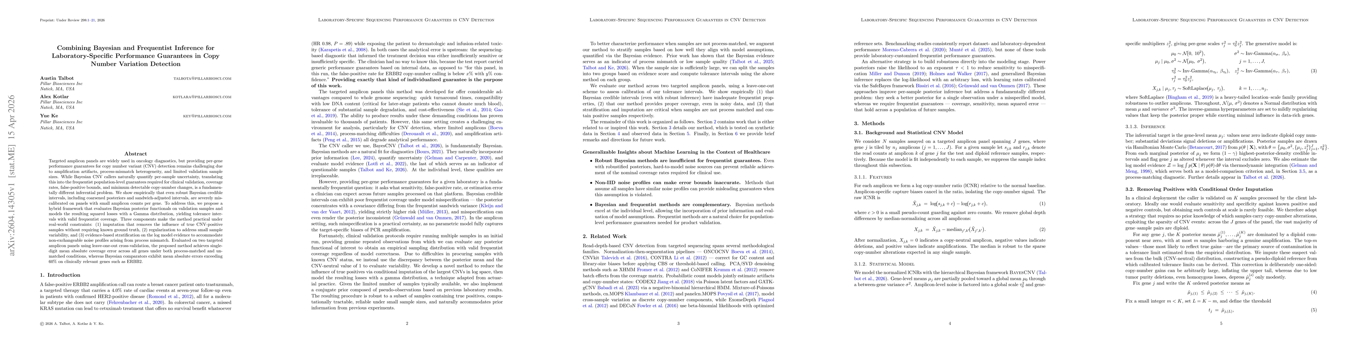 Thumbnail for Combining Bayesian and Frequentist Inference for Laboratory-Specific Performance Guarantees in Copy Number Variation Detection
