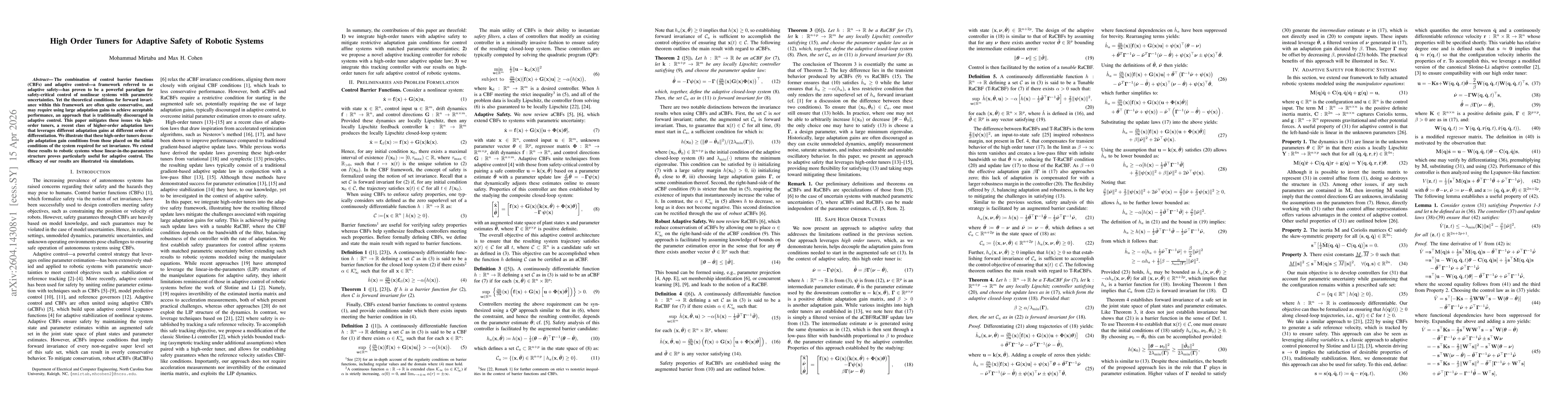 Thumbnail for High Order Tuners for Adaptive Safety of Robotic Systems