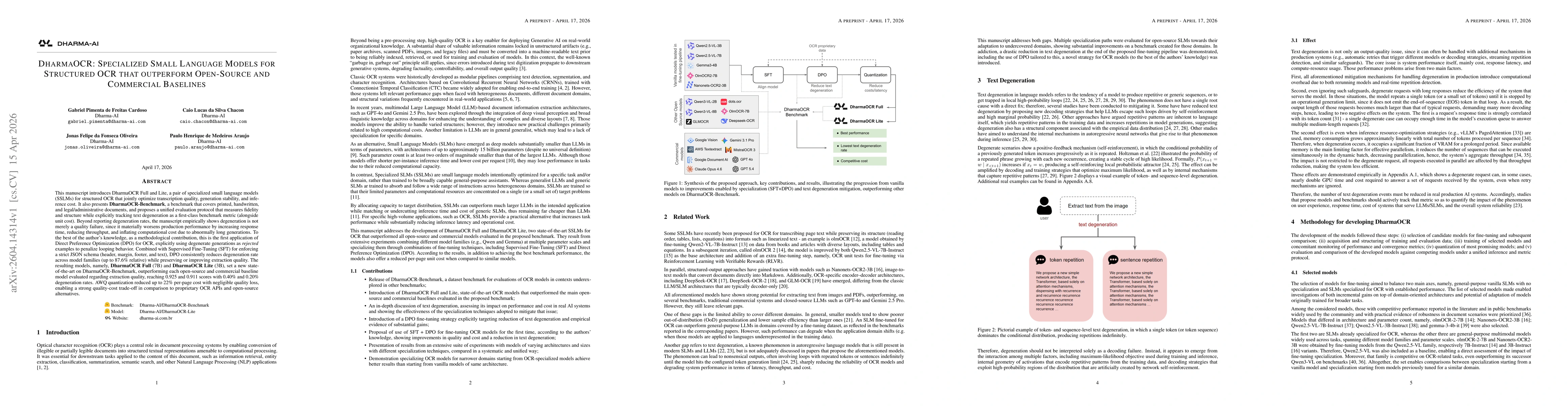 Thumbnail for DharmaOCR: Specialized Small Language Models for Structured OCR that outperform Open-Source and Commercial Baselines