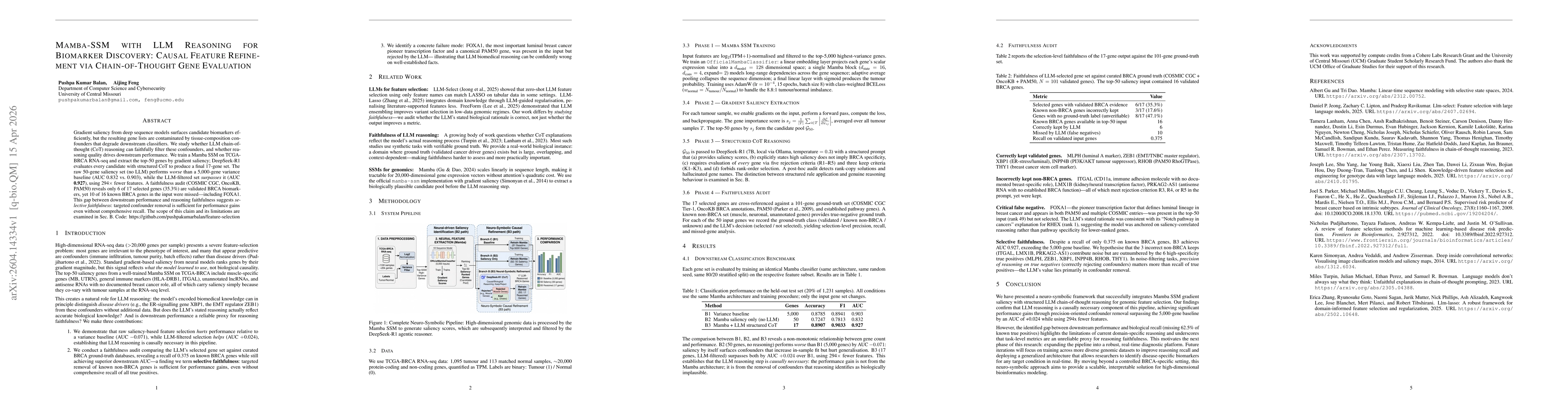 Thumbnail for Mamba-SSM with LLM Reasoning for Biomarker Discovery: Causal Feature Refinement via Chain-of-Thought Gene Evaluation