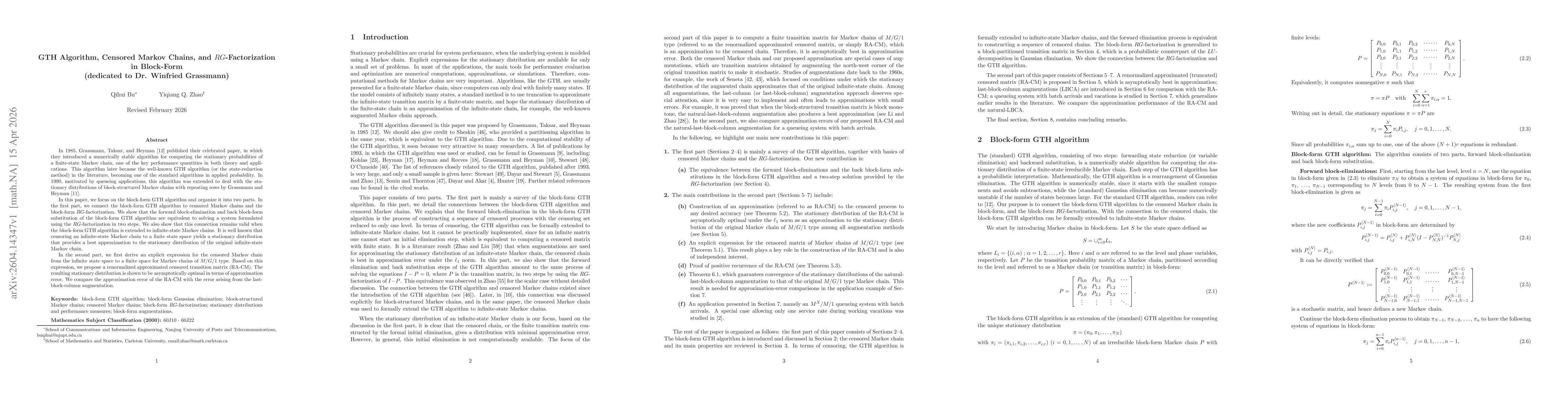 Thumbnail for GTH Algorithm, Censored Markov Chains, and $RG$-Factorization in Block-Form