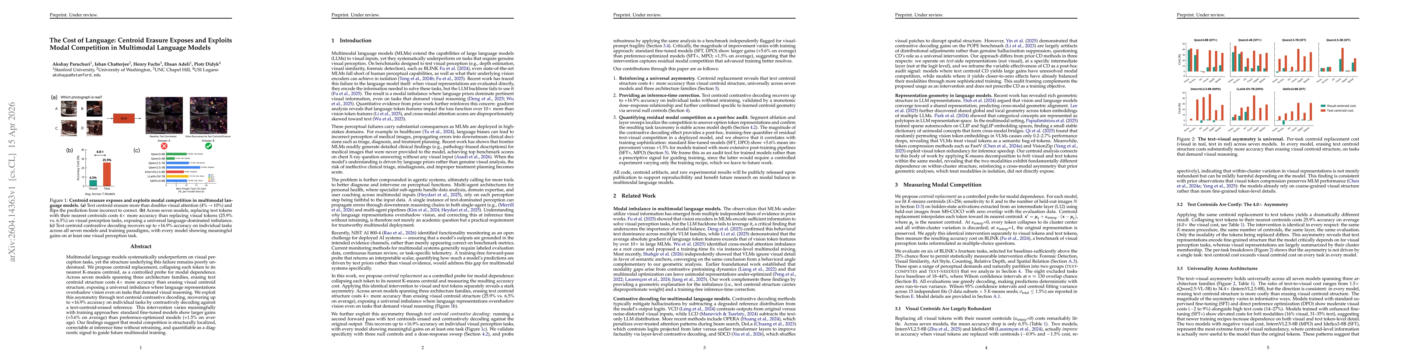 Thumbnail for The Cost of Language: Centroid Erasure Exposes and Exploits Modal Competition in Multimodal Language Models