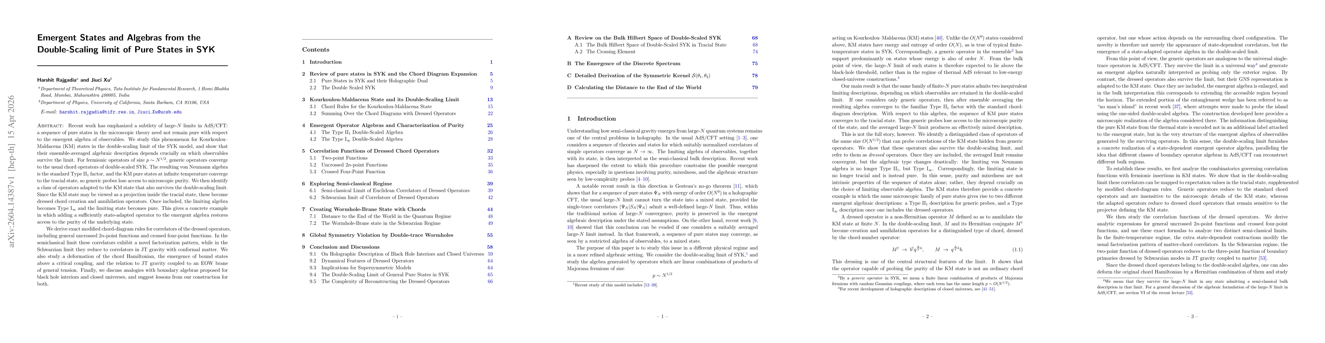 Thumbnail for Emergent States and Algebras from the Double-Scaling limit of Pure States in SYK