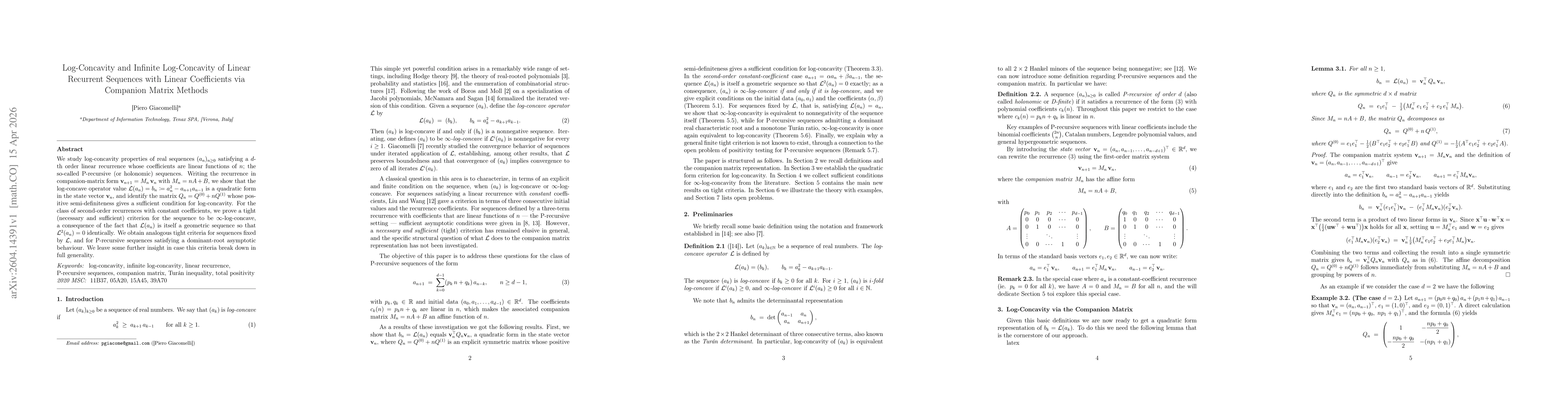 Thumbnail for Log-Concavity and Infinite Log-Concavity of Linear Recurrent Sequences with Linear Coefficients via Companion Matrix Methods