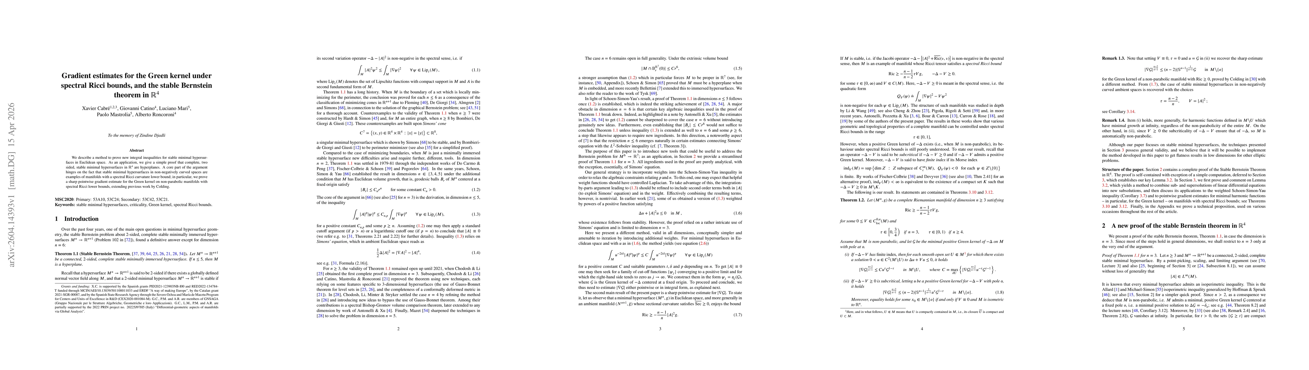 Thumbnail for Gradient estimates for the Green kernel under spectral Ricci bounds, and the stable Bernstein theorem in $\mathbb{R}^4$