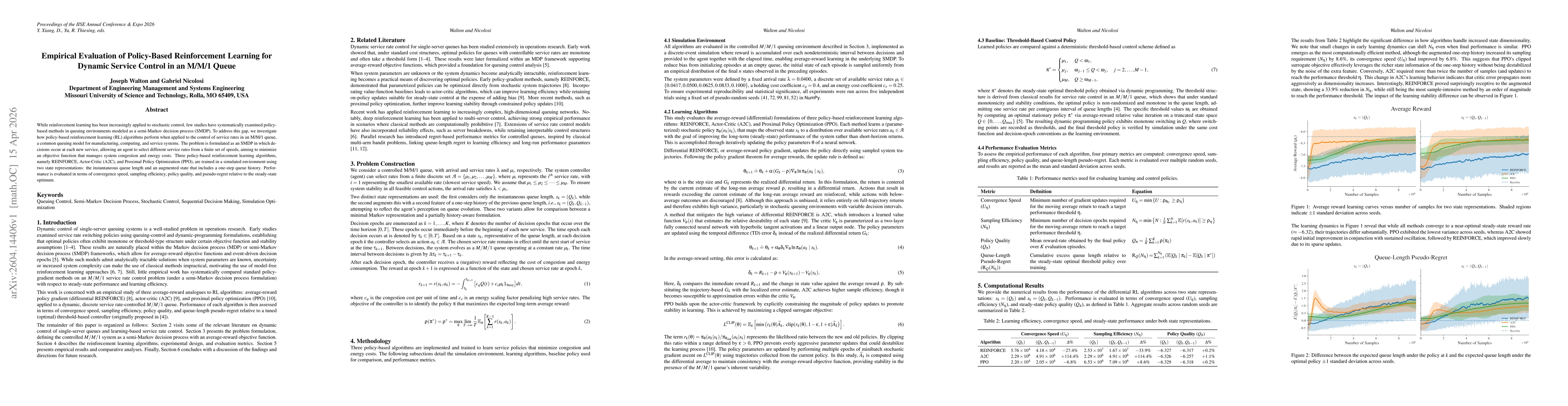 Thumbnail for Empirical Evaluation of Policy-Based Reinforcement Learning for Dynamic Service Control in an M/M/1 Queue