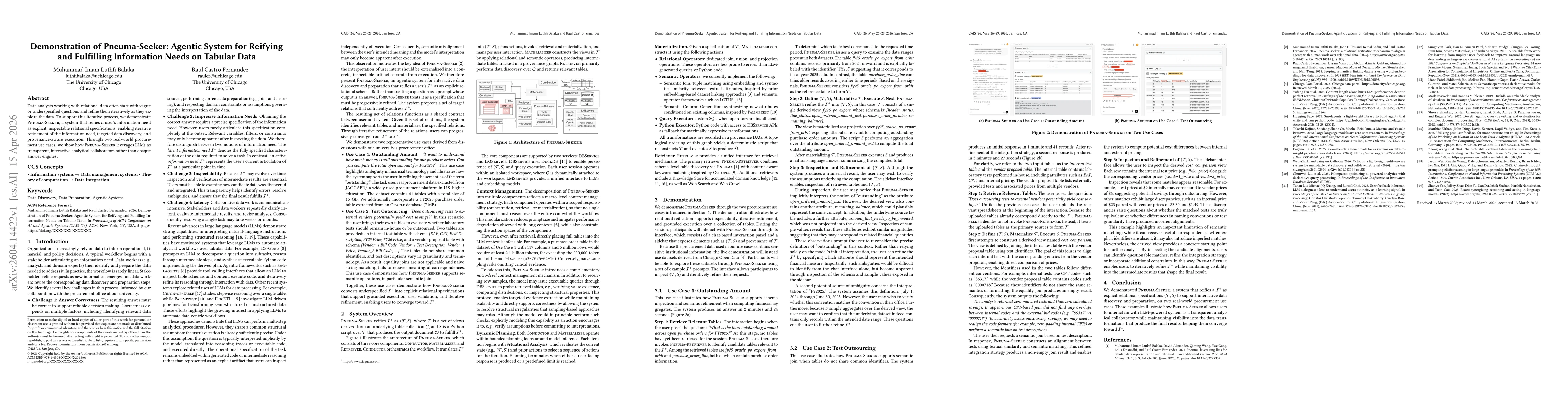 Thumbnail for Demonstration of Pneuma-Seeker: Agentic System for Reifying and Fulfilling Information Needs on Tabular Data
