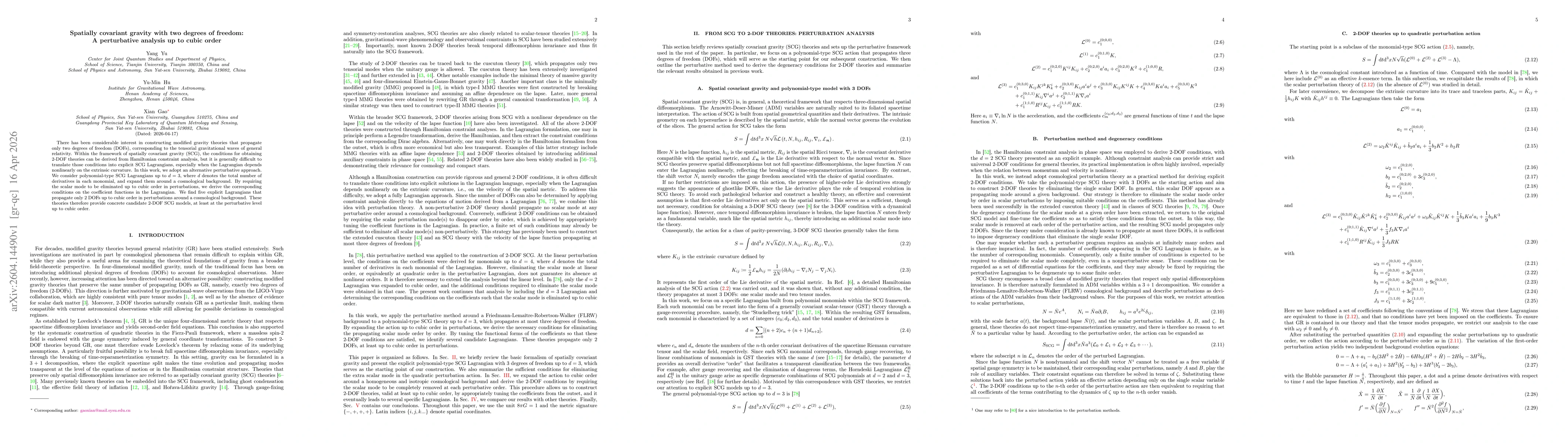 Thumbnail for Spatially covariant gravity with two degrees of freedom: A perturbative analysis up to cubic order