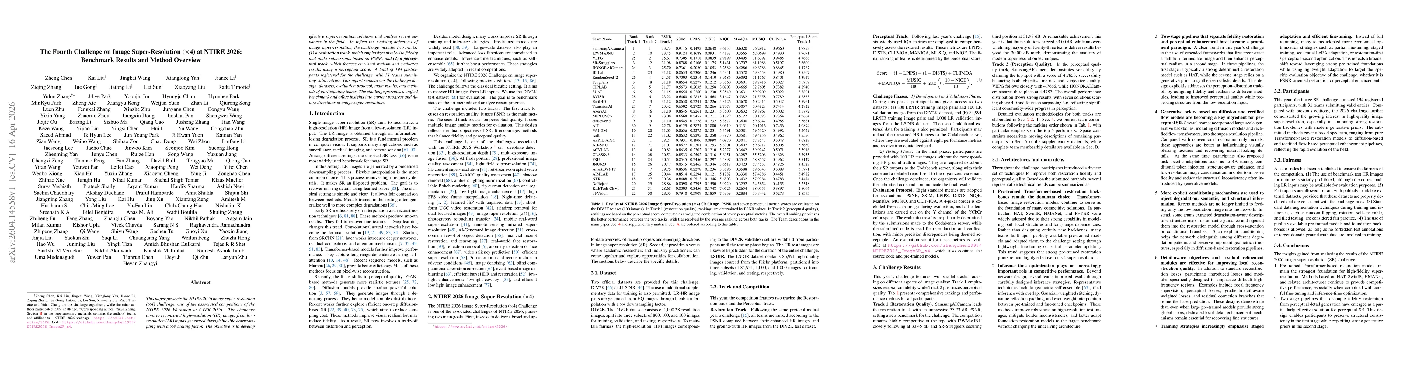 Thumbnail for The Fourth Challenge on Image Super-Resolution ($\times$4) at NTIRE 2026: Benchmark Results and Method Overview