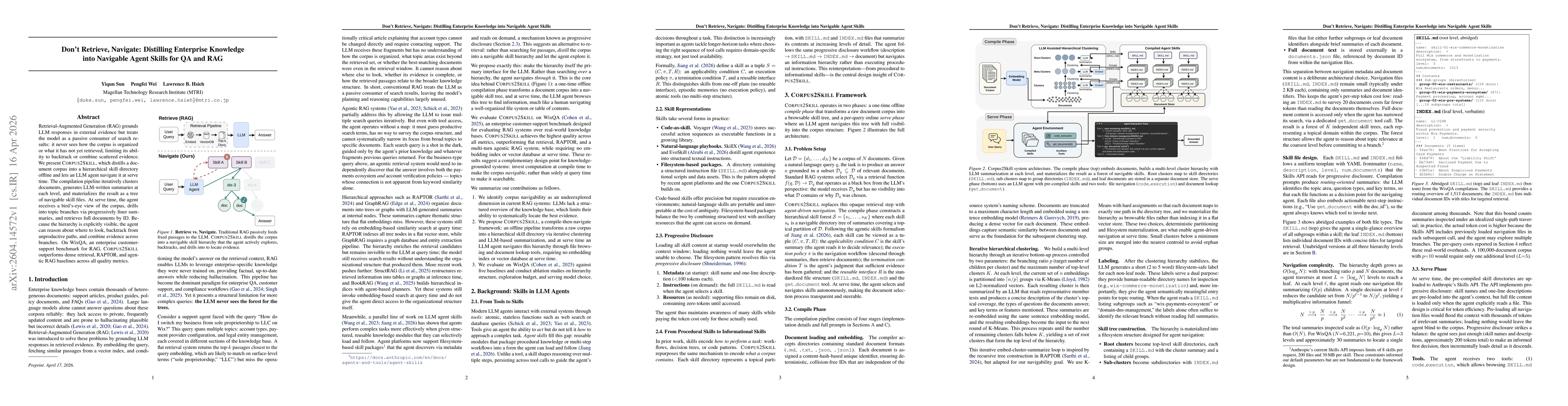 Thumbnail for Don't Retrieve, Navigate: Distilling Enterprise Knowledge into Navigable Agent Skills for QA and RAG