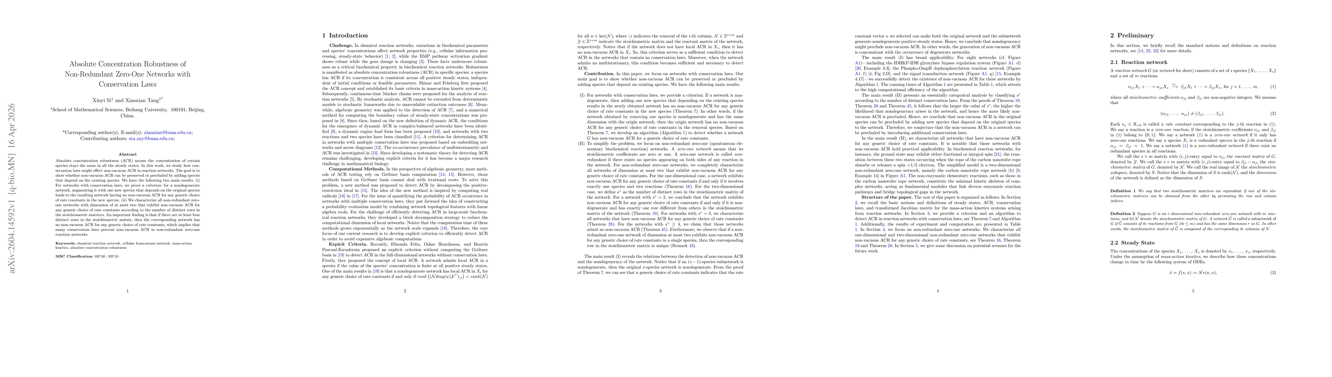 Thumbnail for Absolute Concentration Robustness of Non-Redundant Zero-One Networks with Conservation Laws