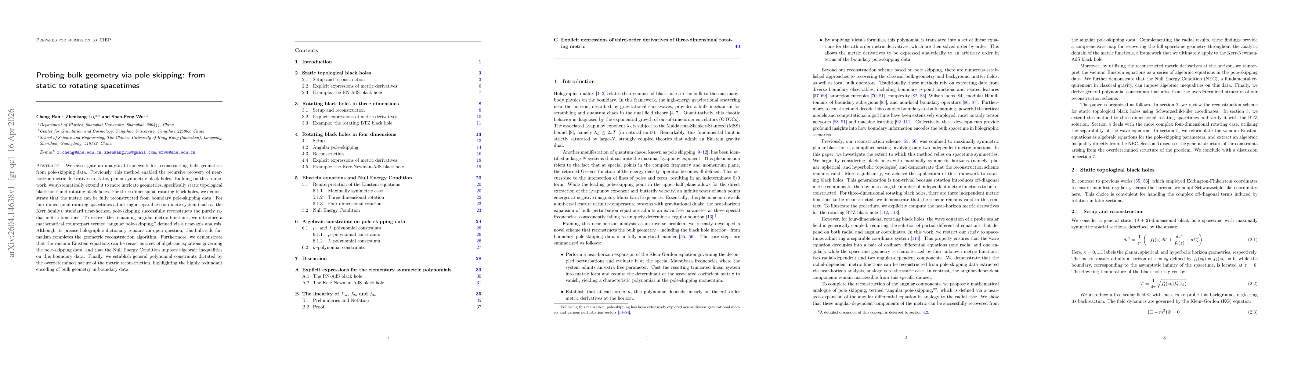 Thumbnail for Probing bulk geometry via pole skipping: from static to rotating spacetimes