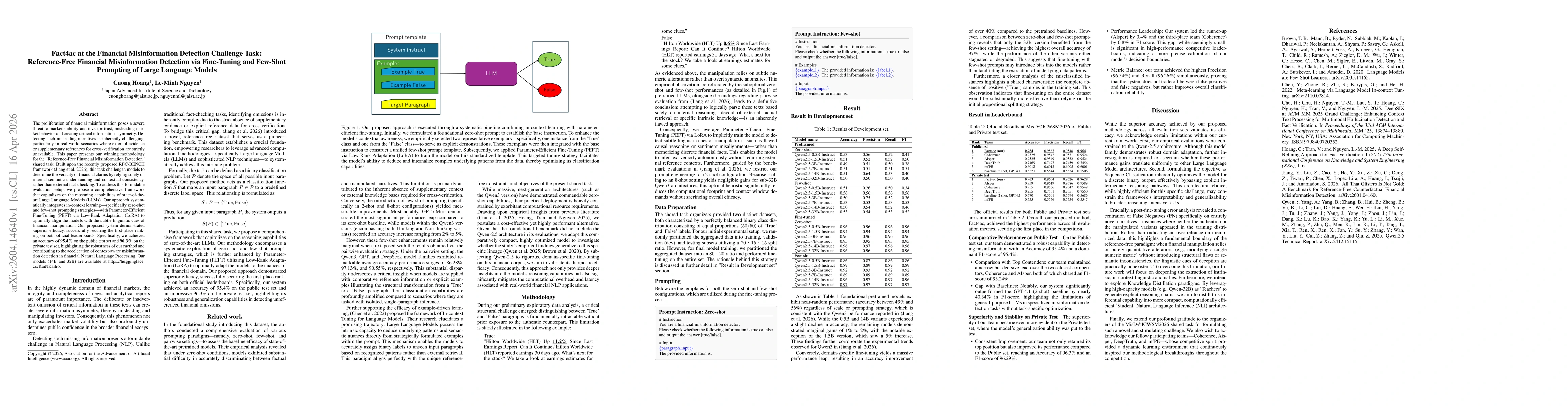 Thumbnail for Fact4ac at the Financial Misinformation Detection Challenge Task: Reference-Free Financial Misinformation Detection via Fine-Tuning and Few-Shot Prompting of Large Language Models