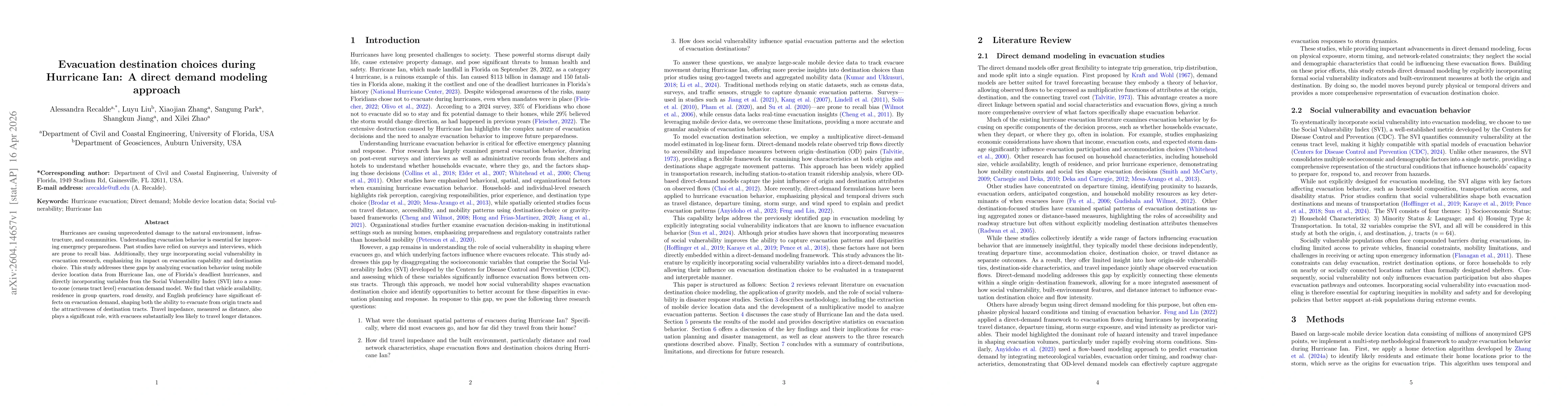 Thumbnail for Evacuation destination choices during Hurricane Ian: A direct demand modeling approach