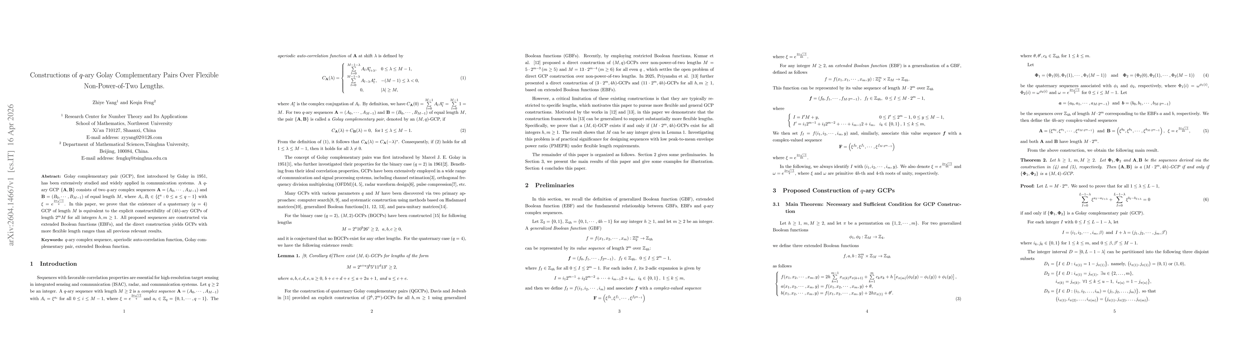 Thumbnail for Constructions of $q$-ary Golay Complementary Pairs Over Flexible Non-Power-of-Two Lengths