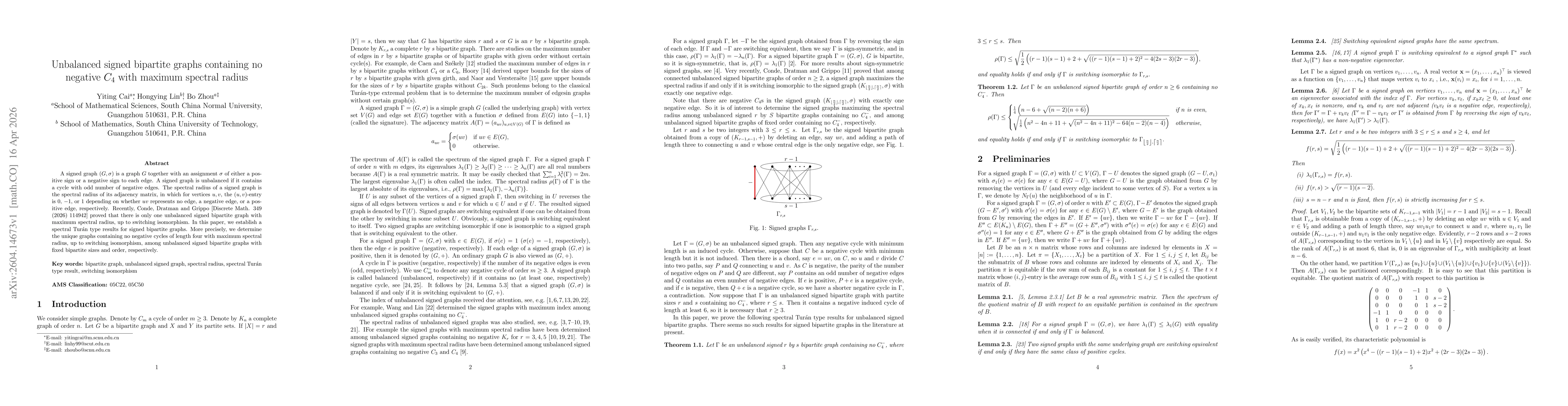 Thumbnail for Unbalanced signed bipartite graphs containing no negative $C_4$ with maximum spectral radius