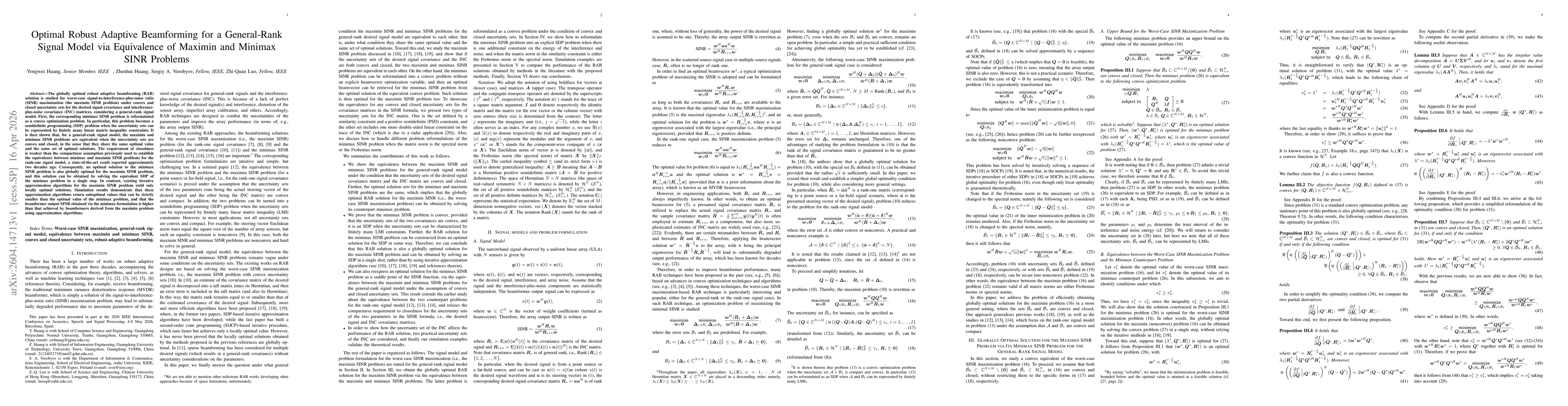 Thumbnail for Optimal Robust Adaptive Beamforming for a General-Rank Signal Model via Equivalence of Maximin and Minimax SINR Problems