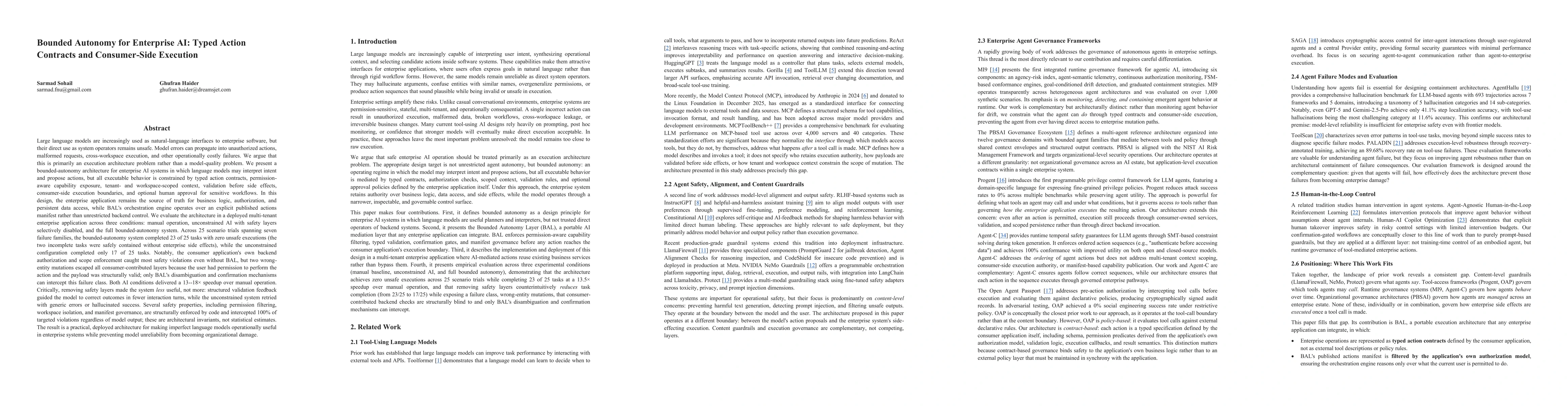 Thumbnail for Bounded Autonomy for Enterprise AI: Typed Action Contracts and Consumer-Side Execution