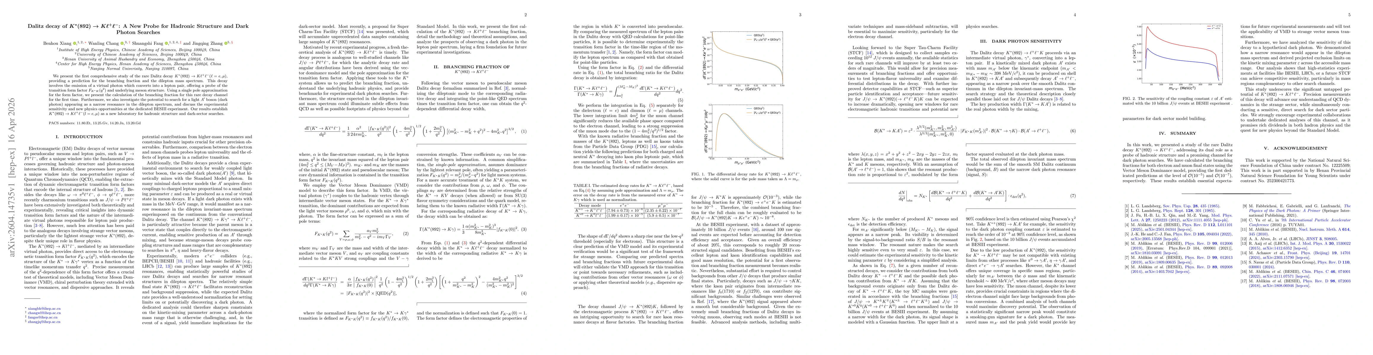 Thumbnail for Dalitz decay of $K^*(892) \rightarrow K \ell^+\ell^-$: A New Probe for Hadronic Structure and Dark Photon Searches