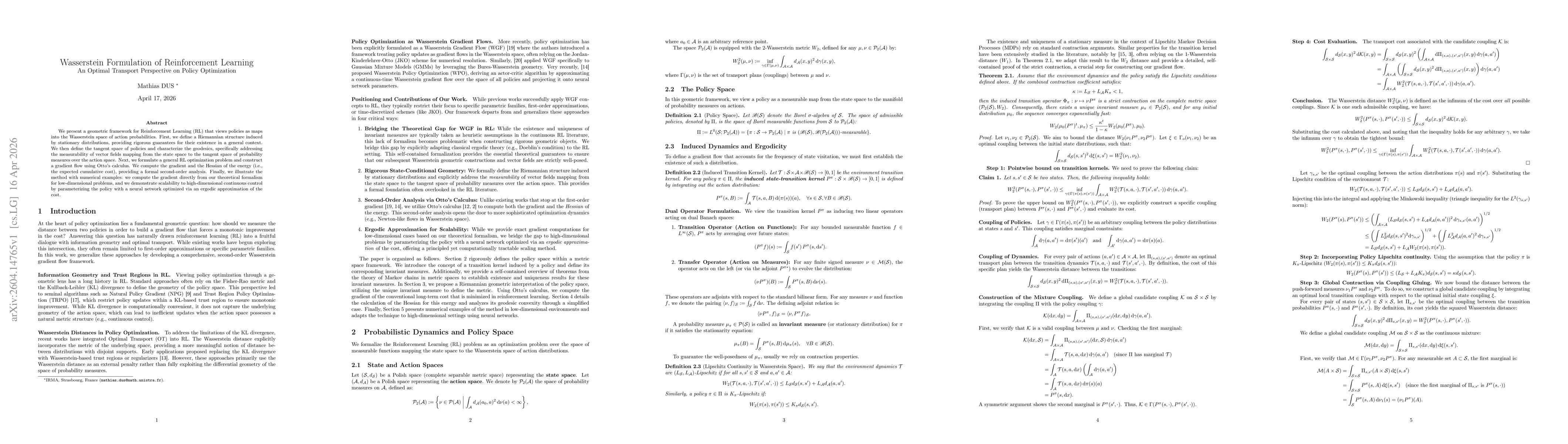 Thumbnail for Wasserstein Formulation of Reinforcement Learning. An Optimal Transport Perspective on Policy Optimization