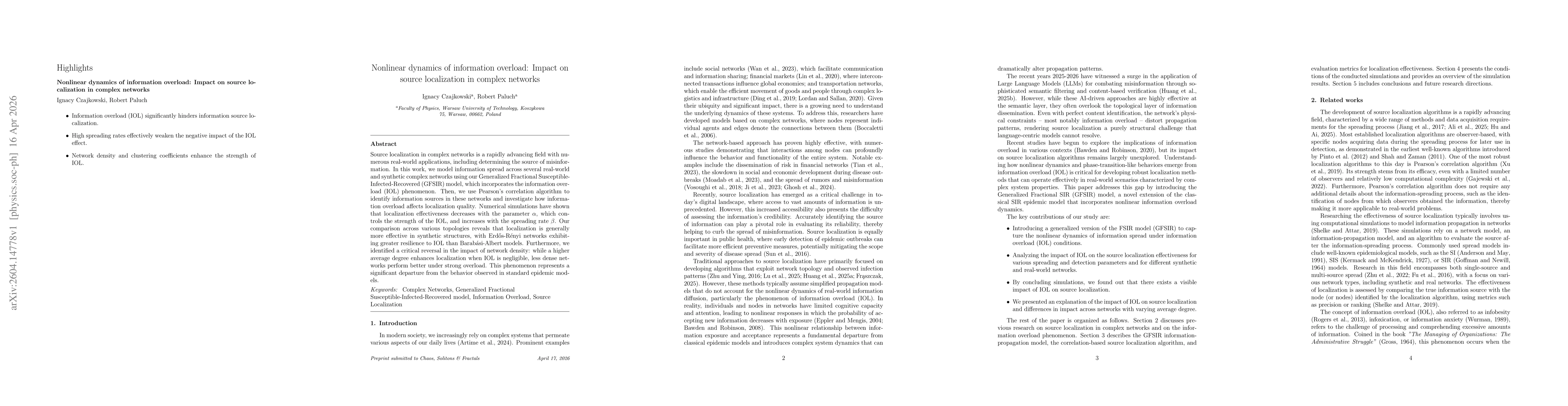 Thumbnail for Nonlinear dynamics of information overload: Impact on source localization in complex networks