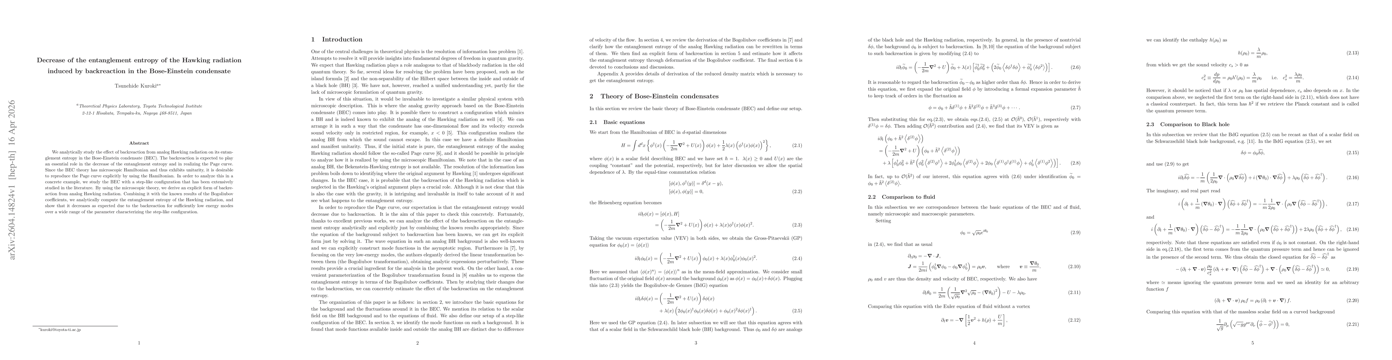Thumbnail for Decrease of the entanglement entropy of the Hawking radiation induced by backreaction in the Bose-Einstein condensate