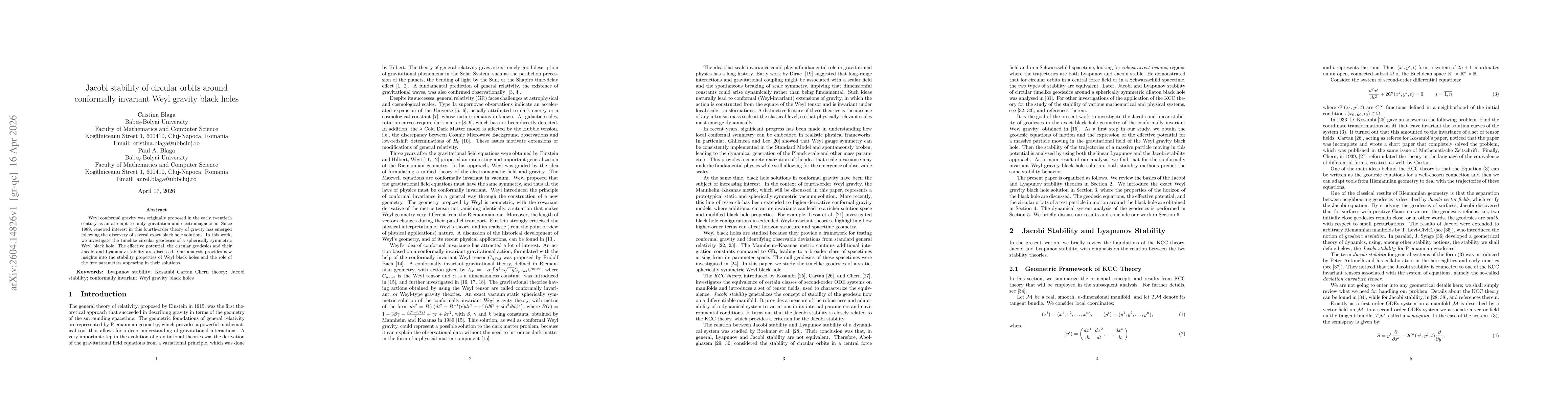 Thumbnail for Jacobi stability of circular orbits around conformally invariant Weyl gravity black holes