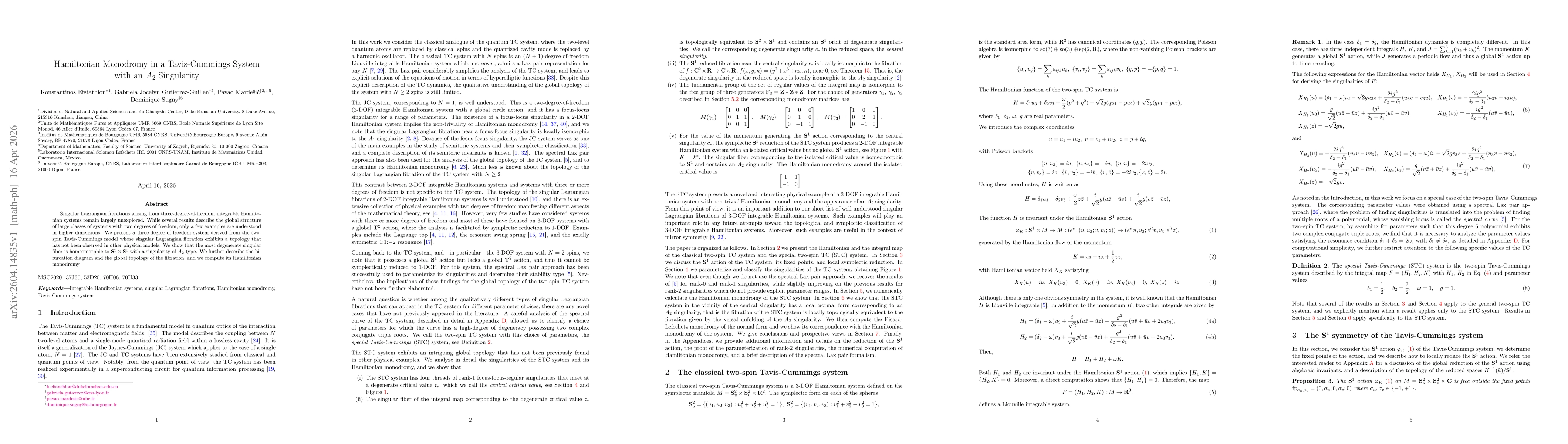Thumbnail for Hamiltonian Monodromy in a Tavis-Cummings System with an $A_2$ Singularity