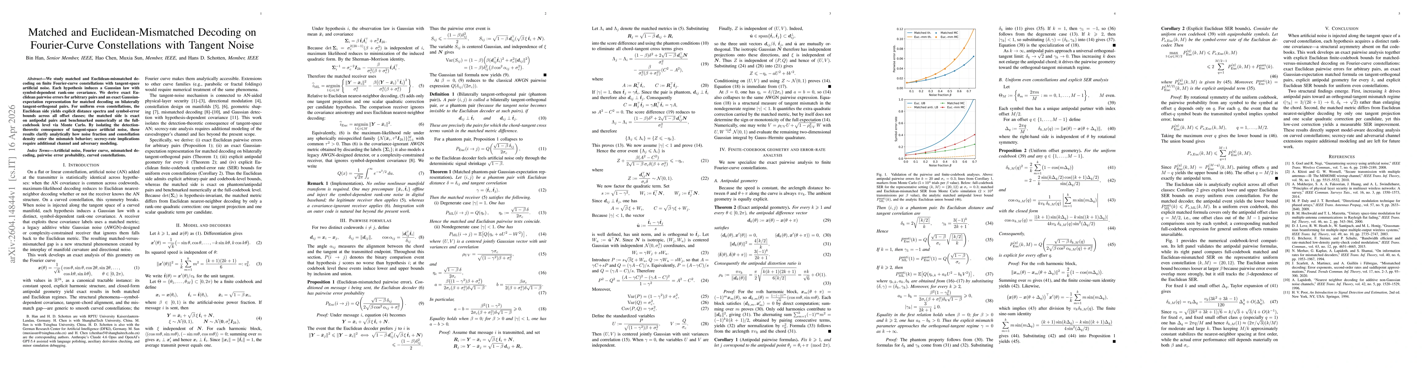 Thumbnail for Matched and Euclidean-Mismatched Decoding on Fourier-Curve Constellations with Tangent Noise