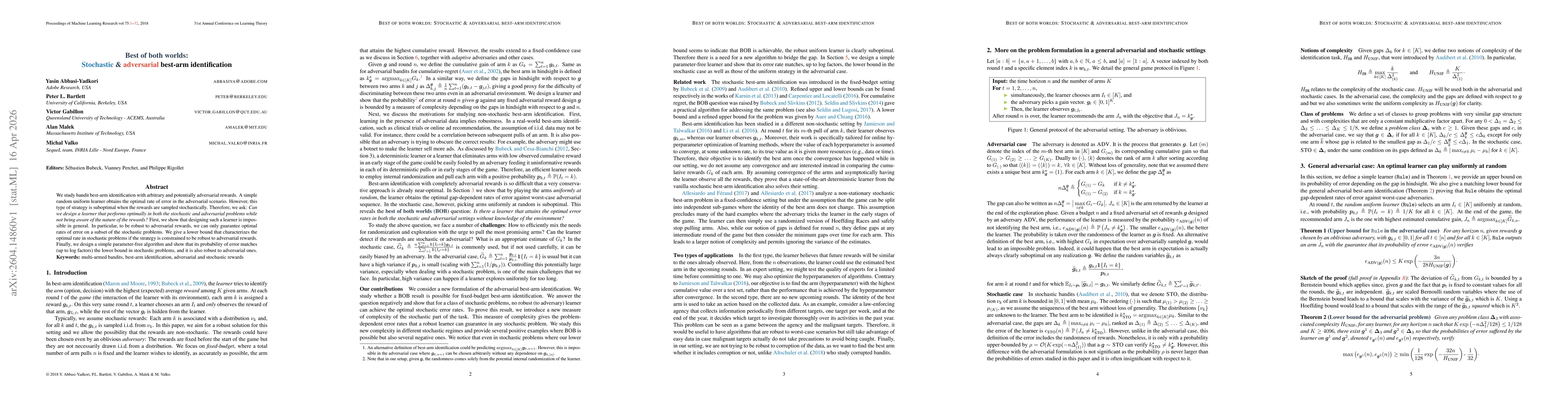Thumbnail for Best of both worlds: Stochastic & adversarial best-arm identification