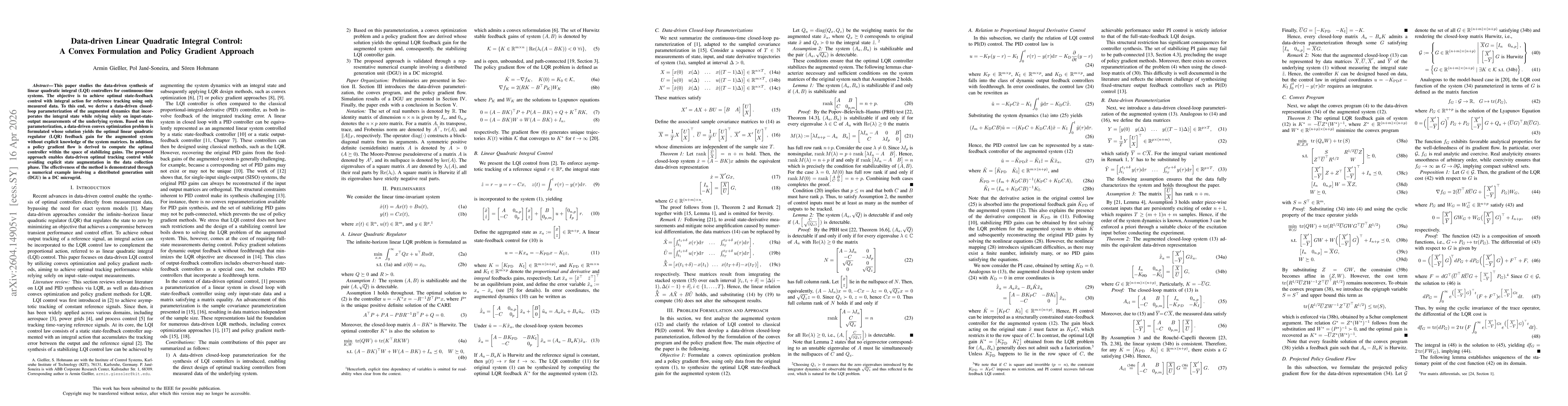 Thumbnail for Data-driven Linear Quadratic Integral Control: A Convex Formulation and Policy Gradient Approach