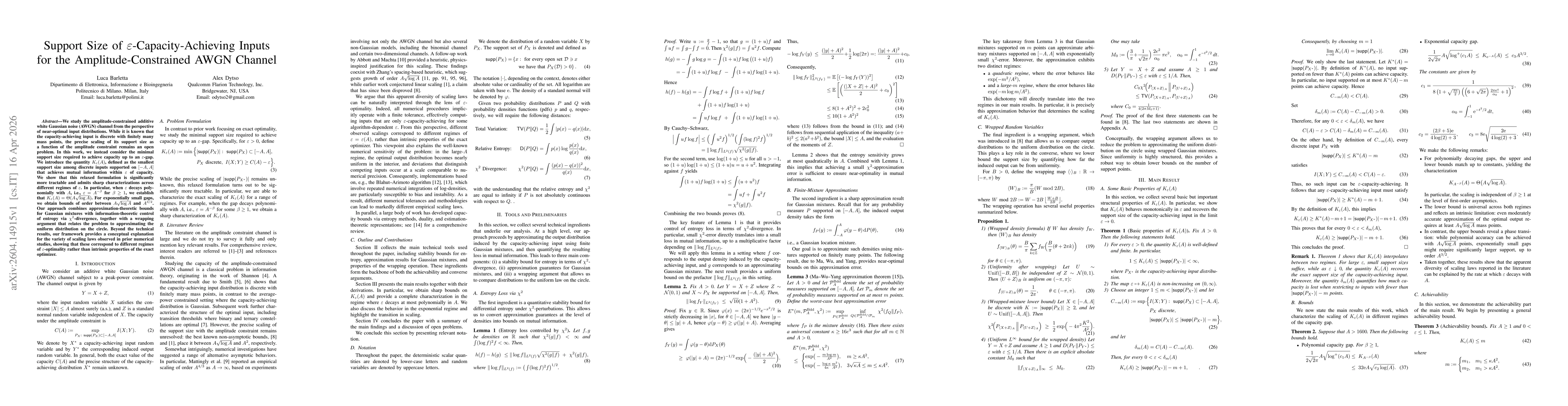 Thumbnail for Support Size of $\varepsilon$-Capacity-Achieving Inputs for the Amplitude-Constrained AWGN Channel