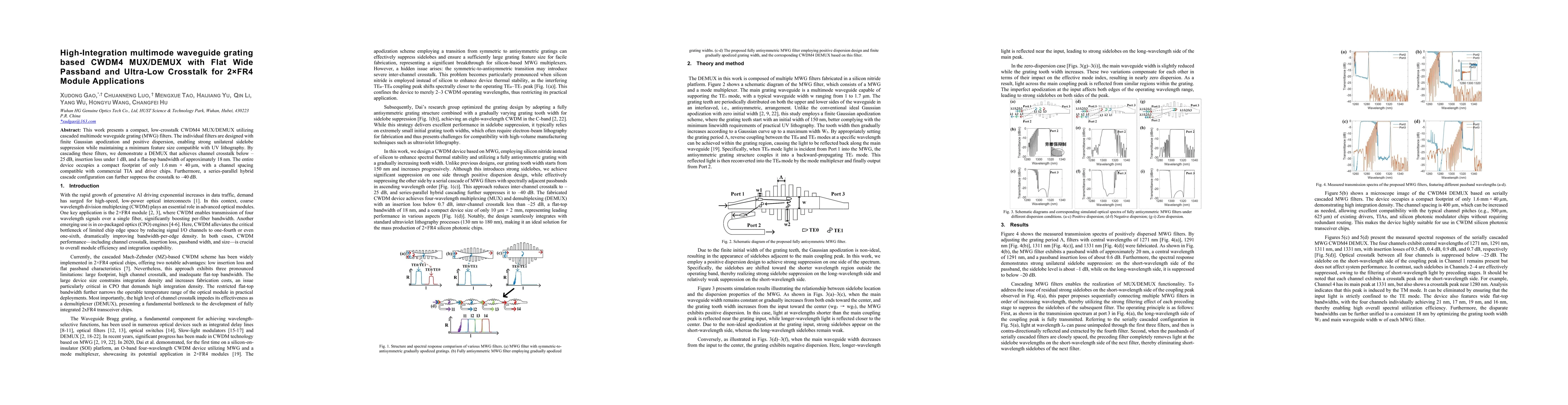 Thumbnail for High-Integration multimode waveguide grating based CWDM4 MUX/DEMUX with Flat Wide Passband and Ultra-Low Crosstalk for 2xFR4 Module Applications