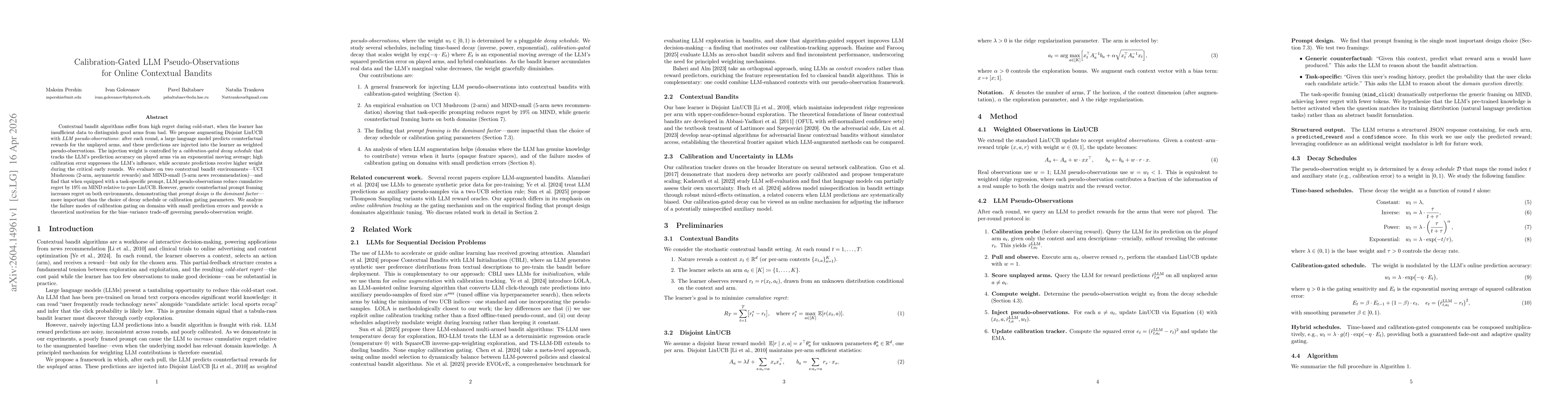 Thumbnail for Calibration-Gated LLM Pseudo-Observations for Online Contextual Bandits