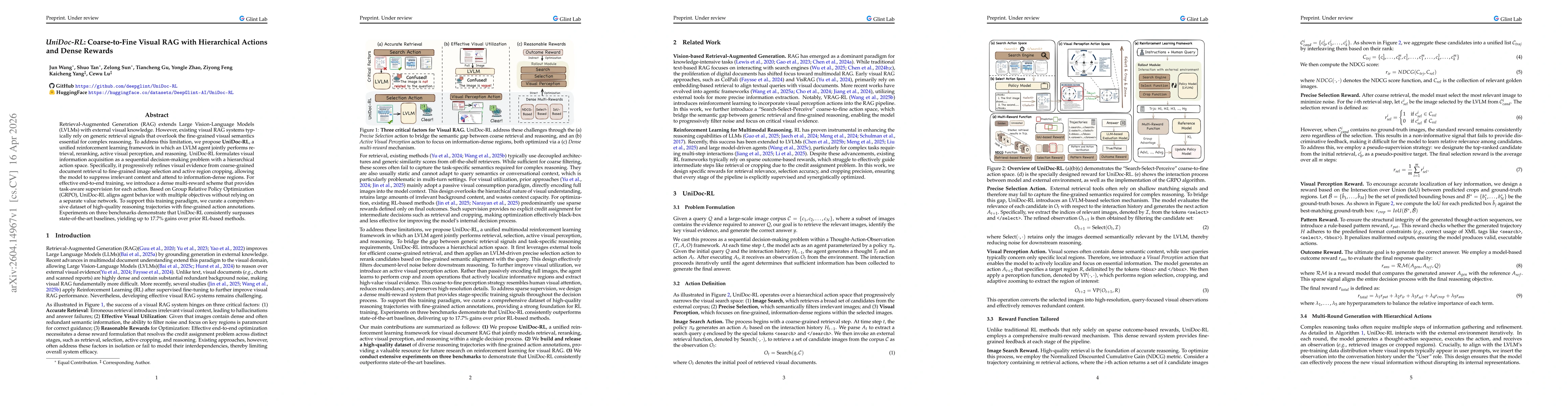 Thumbnail for UniDoc-RL: Coarse-to-Fine Visual RAG with Hierarchical Actions and Dense Rewards