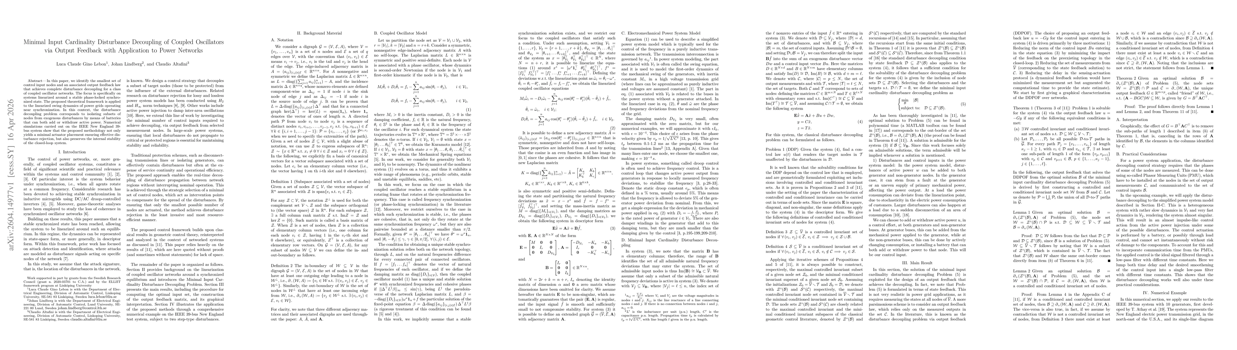 Thumbnail for Minimal Input Cardinality Disturbance Decoupling of Coupled Oscillators via Output Feedback with Application to Power Networks